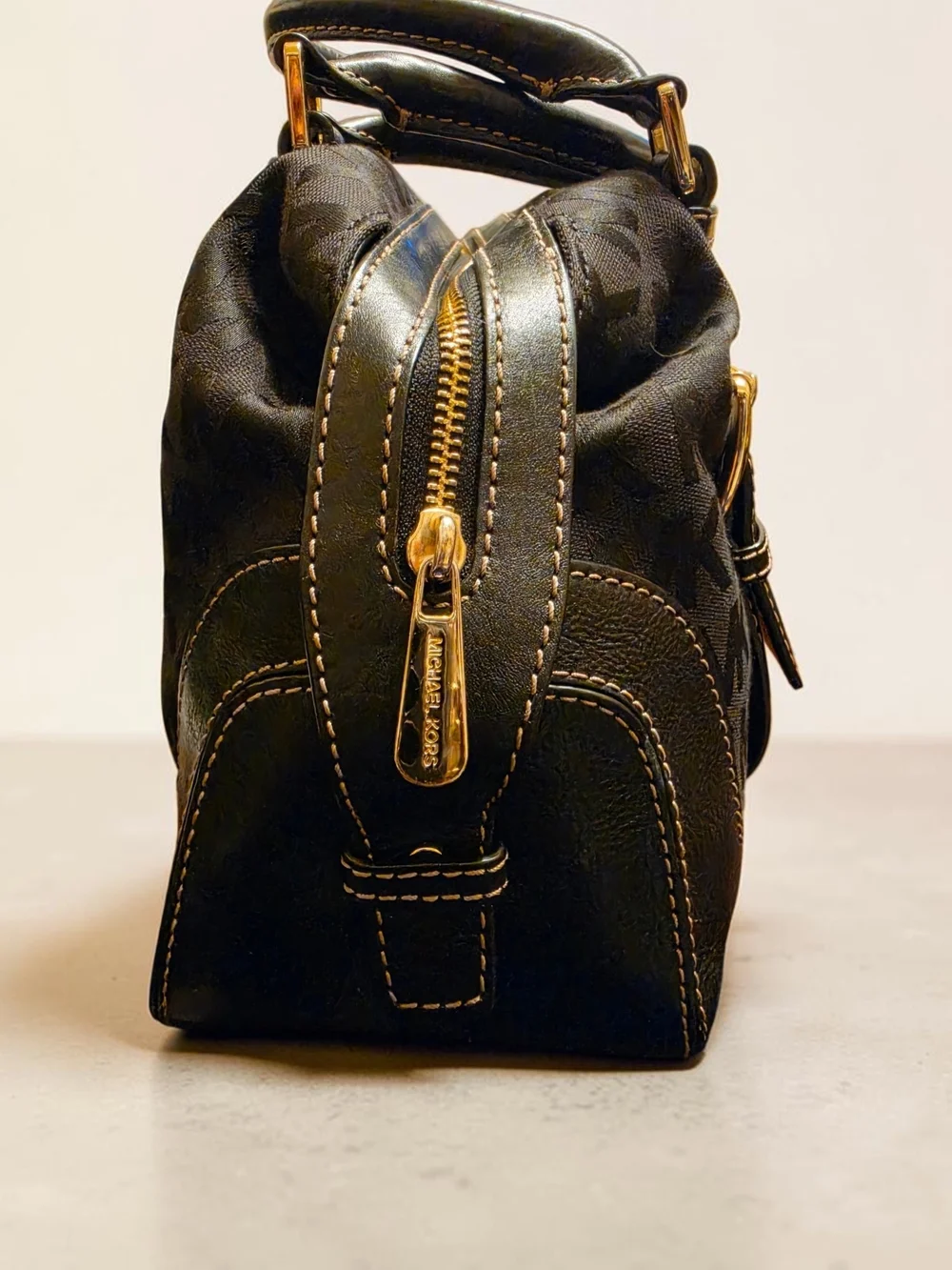 Michael Kors Black Monogram Satchel with Gold Hardware